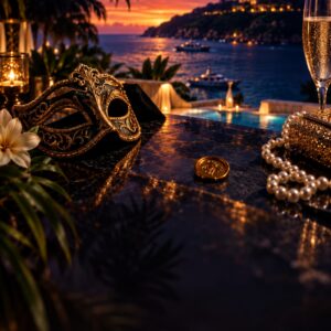 A gold masquerade mask, pearls and champagne on marble, overlooking an island harbour at dusk