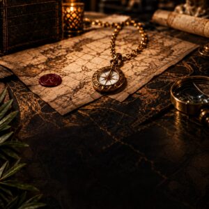 A gold compass pendant on a chain, lying on an aged map beside a red wax seal