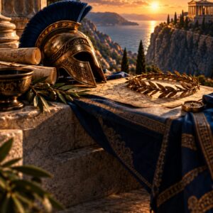 A bronze Greek helmet and a laurel wreath on a stone ledge above the sea at sunset